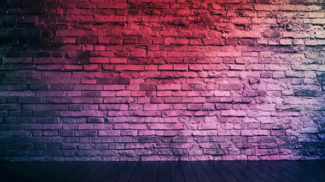 Abstract colorful brick wall background with purple, red and green lighting.