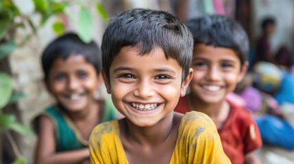 Smiling children in a bustling street