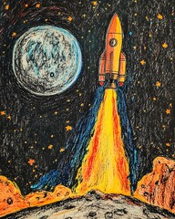 Crayon art of a rocket launching from a moon base with stars