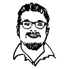Portrait of a happy smiling middle age bearded man wearing glasses. Male head. Hand drawn linear doodle rough sketch. Black and white silhouette.