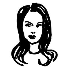 Head of a young pretty woman with loose hair. Female portrait. Hand drawn linear doodle rough sketch. Black and white silhouette.