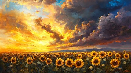 Fototapeta premium Oil painting of a sunflower field under a dramatic sky