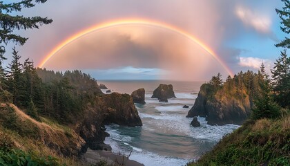 A vibrant rainbow arches over a dramatic coastline.