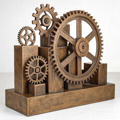 Fototapeta premium Abstract Bronze Metal Sculpture with Gears and Blocks 