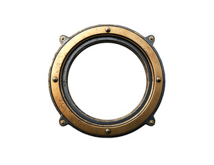 Round porthole window frame, gold and black metal, transparent background, nautical design element, vintage style, industrial look, circular shape, metallic texture, grunge