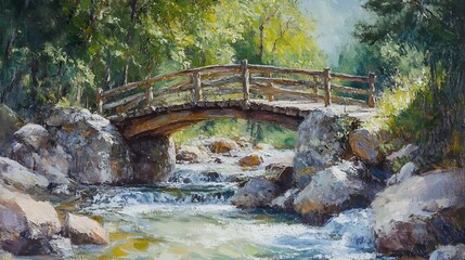 Oil painting of an old wooden bridge over a mountain stream