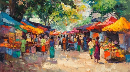 Naklejka premium Oil painting of a traditional market with colorful stalls and people