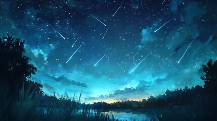 Oil painting of a peaceful night sky filled with shooting stars