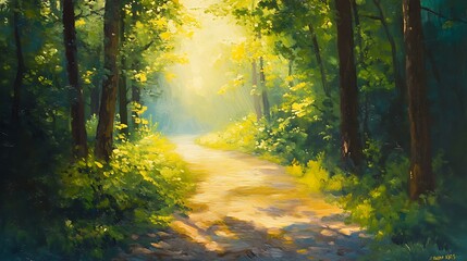 Obraz premium Oil painting of a path leading through a sunlit forest