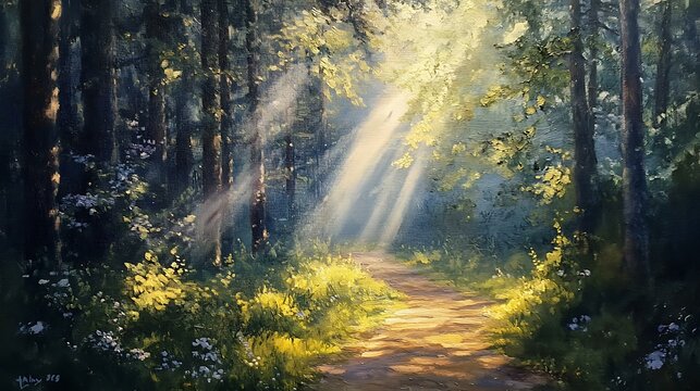 Oil painting of a path leading through a sunlit forest