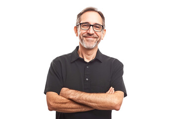 Confident mature man with arms crossed, smiling, black shirt, transparent background