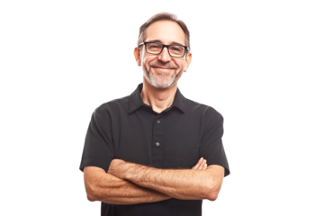 Confident mature man with arms crossed, smiling, black shirt, transparent background