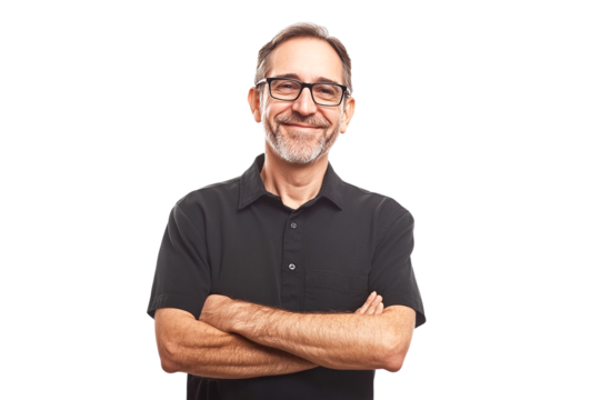 Confident mature man with arms crossed, smiling, black shirt, transparent background