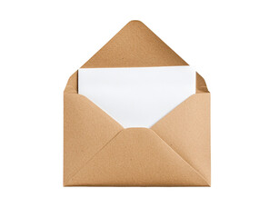 Kraft paper envelope with blank white card inside, isolated on transparent background, top view, stationery mockup