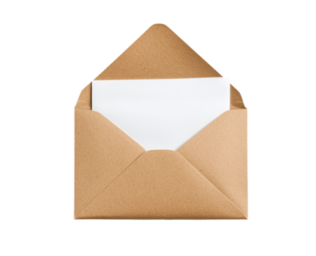 Kraft paper envelope with blank white card inside, isolated on transparent background, top view, stationery mockup