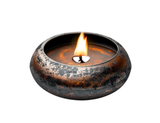 Burning candle in rustic metallic container, isolated on transparent background, warm amber glow, dark setting, peaceful ambiance, meditation, relaxation