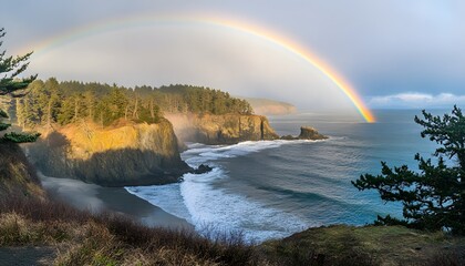Coastal landscape with a vibrant rainbow over the ocean.