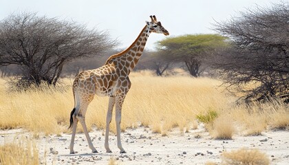 Obraz premium Giraffe standing in a dry savanna landscape.