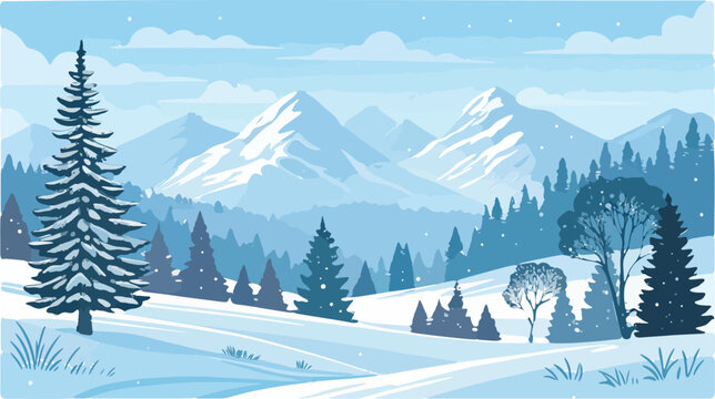 Snowy winter forest landscape with frosty trees and a cold mountain sky