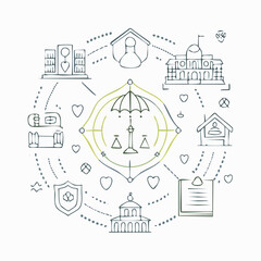 Social policy line icon set. Social services, health care, education, family, insurance, protection of rights, society, legislation and more. Outline icon in linear style. Vector collection.
