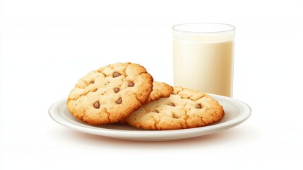 Freshly Baked Chocolate Chip Cookies on Plate with Glass of Milk Surrounded by White Background