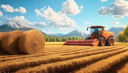 Obraz premium Agricultural scenery with hay bales and a combine harvester.