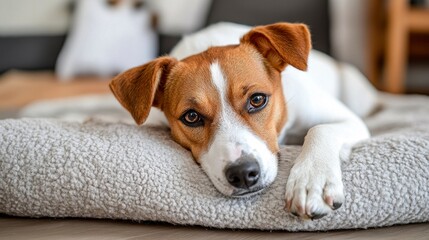 Obraz premium Relaxing Dog on Soft Bed in Cozy Indoor Environment