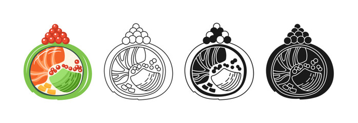 Sushi roll with shrimp symbol cartoon set. Traditional Asian Japanese food linear doodle icon. Sushi seafood vector illustration. Stylized doodle design sign for oriental menu, cafe, bar, restaurant