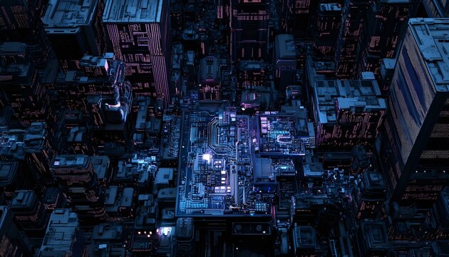 Futuristic city resembling a complex circuit board.