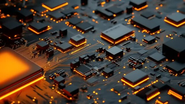 Glowing CPU on Circuit Board.