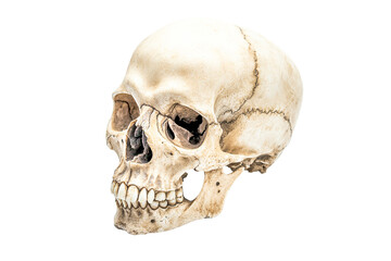Obraz premium Human skull, three-quarter view, isolated on transparent background, showing detailed bone structure, teeth, and empty eye sockets, pale beige color, anatomical study.