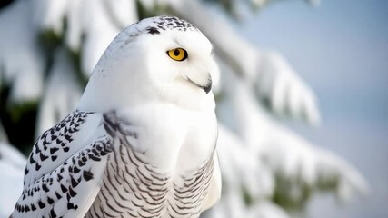 Majestic snowy owl perched on a snow-covered branch with a serene winter backdrop, gazing directly forward with intense yellow eyes.