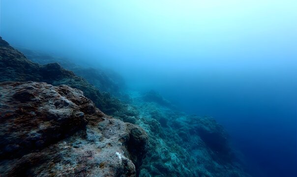 low angle from the sea bed look across a vast coral reef deep in the ocean with no visible surface and heavy blue fog, Generative AI