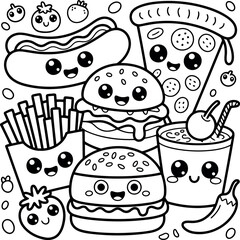 A delightful kawaii coloring page filled with happy fast food characters. This fun doodle features smiling burgers, a hot dog, pizza, fries, and a drink, all waiting to be brought to life with color.