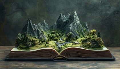 A miniature, mountainous landscape nestled within an open book.