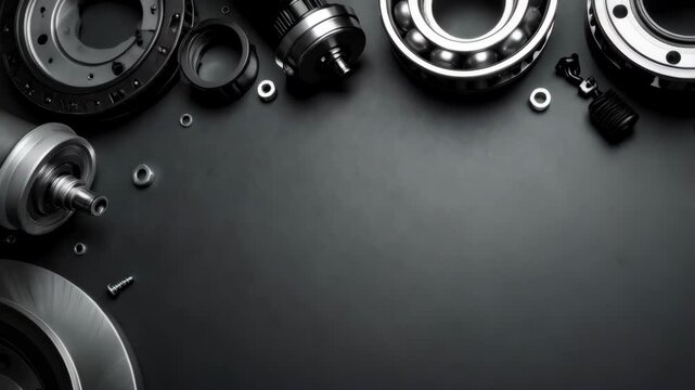 Arrangement of steel car parts including brakes, ball bearings, and nuts against a dark gray surface.