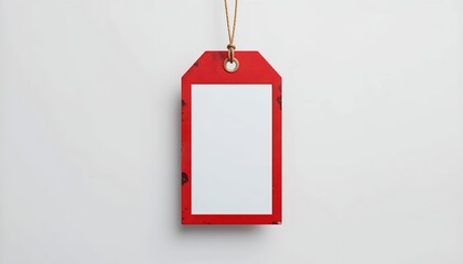 Aged red tag with a blank white insert hangs by a twine on a clean, minimal white backdrop.