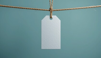 A blank tag hangs by rustic twine against a serene teal backdrop, ready for a personal message.