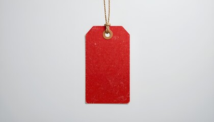 A vibrant red gift tag dangles from a thin twine against a clean, neutral background, centered.