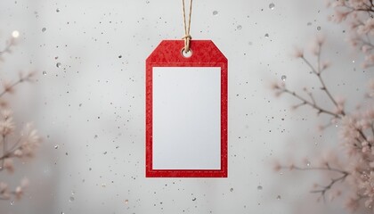 A bright red tag hangs against a speckled background with soft pink cherry blossoms nearby.