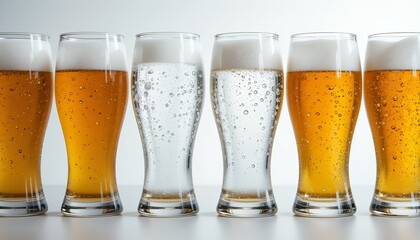 Six elegant glasses of beer and sparkling water sit in a row against a clean, bright white backdrop.