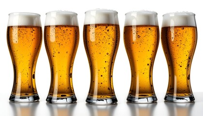 Five glasses of golden beer with foamy heads stand in a row, inviting refreshment and celebration.
