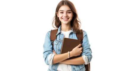 Smiling female student with backpack holding notebook, transparent background, casual style, education concept, happy expression,  youthful, confident,  positive mood,  studio shot.
