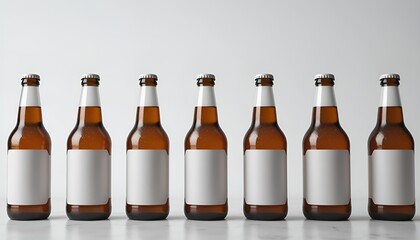 Symmetrical studio shot featuring a row of seven amber glass bottles with blank labels.