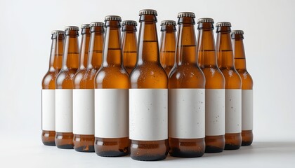 Elevated shot showcases an array of amber glass bottles with blank labels, arranged together neatly.