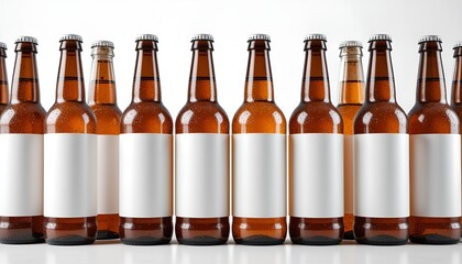 A row of chilled amber glass bottles with condensation and white labels on a bright background.