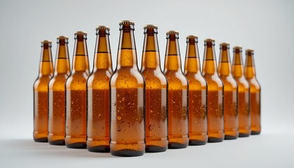 Rows of refreshing brown bottles, lightly frosted, stand against a clean, light backdrop, waiting.