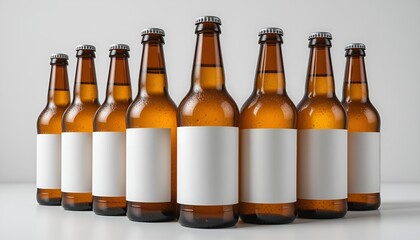A line of refreshing amber-colored glass beer bottles with blank white labels on a clean backdrop.