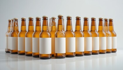Group of amber beer bottles with condensation and blank labels on a reflective surface.