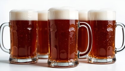 Five mugs of dark beer with frothy white heads stand invitingly on a seamless white backdrop.